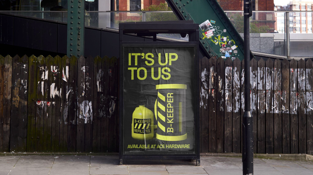 weathered ad for B-keeper on a bus stop